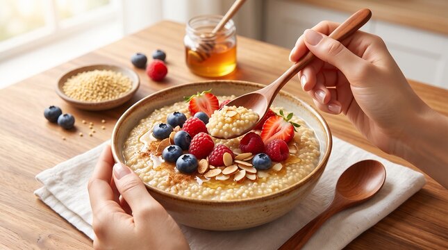 Millet Breakfast Porridge with Berries &ndash; Creamy Ancient Grain Breakfast Bowl