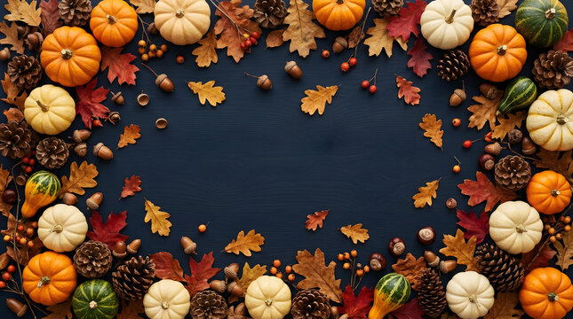 Top view of a festive autumn border made of pumpkins pine cones and colorful dried leaves on a dark wooden background with space