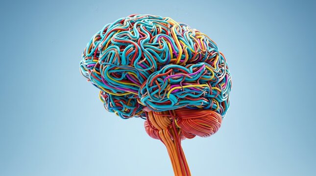 Abstract human brain covered with colorful wires in a worm's eye view.
