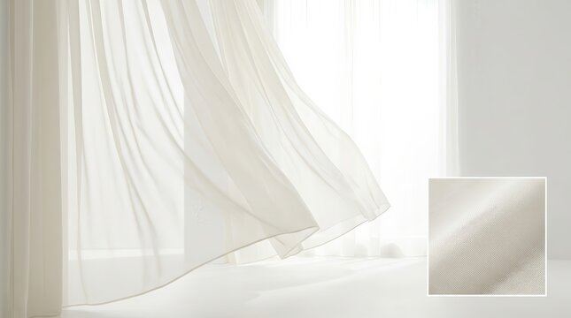 White sheer curtains blowing in the breeze against a white background.