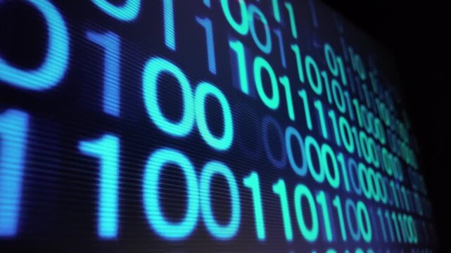 Streaming digital binary code background with blue matrix data stream computer