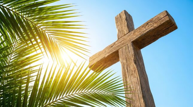 Wooden cross and green palm leaves against a clear blue sky for Palm Sunday.