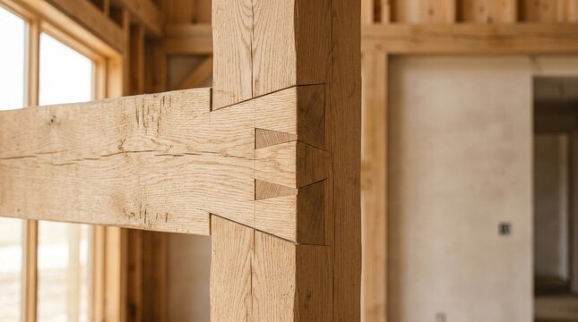 Traditional Timber Frame Mortise and Tenon Wood Joinery Construction Detail.