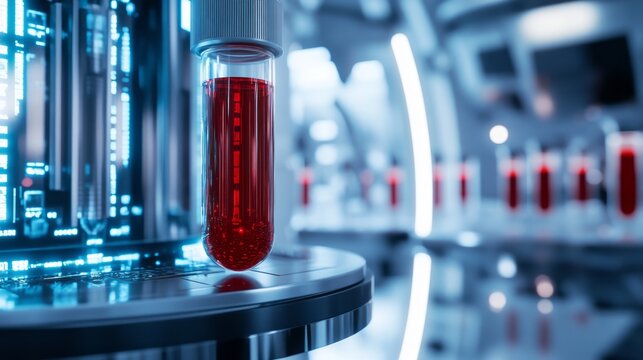 High tech laboratory robotic system handling test tube with red liquid sample inside sterile futuristic environment with advanced medical equipment precision diagnostics scientific research atmosphere