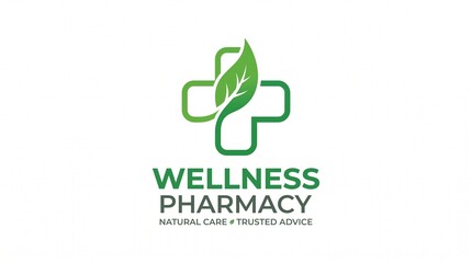 Fototapeta premium Wellness Pharmacy Logo: A clean, modern logo featuring a green cross combined with a leaf, symbolizing natural health and wellness for a pharmacy.