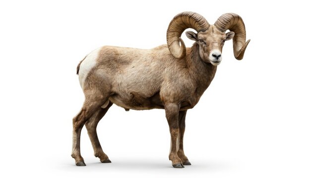 A male bighorn sheep ram standing on a white background.