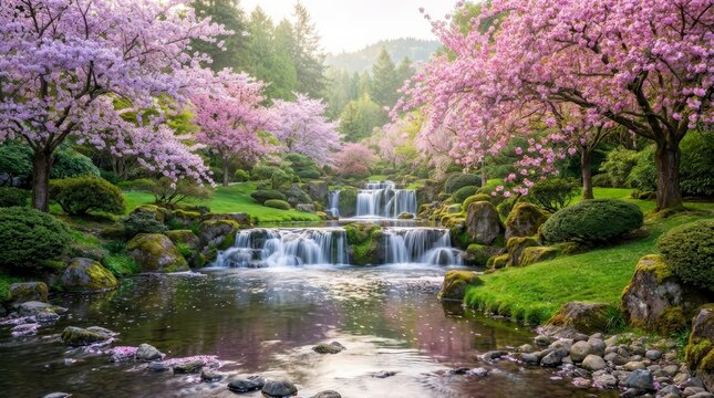 Tranquil garden scene featuring blooming cherry blossom trees and cascading waterfalls.