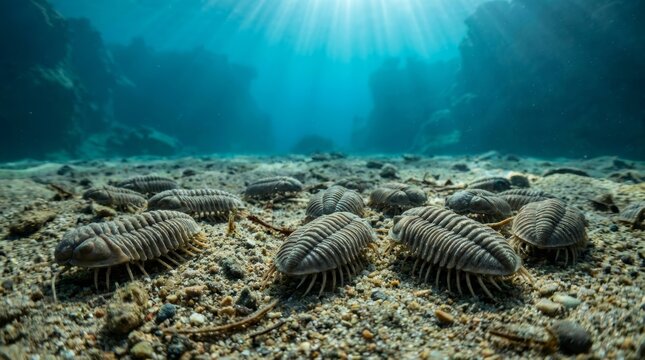 Trilobites scavenging for food on the sandy lake bottom.