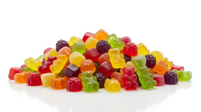 Vibrant multivitamin gummies piled in a heap on a white background.