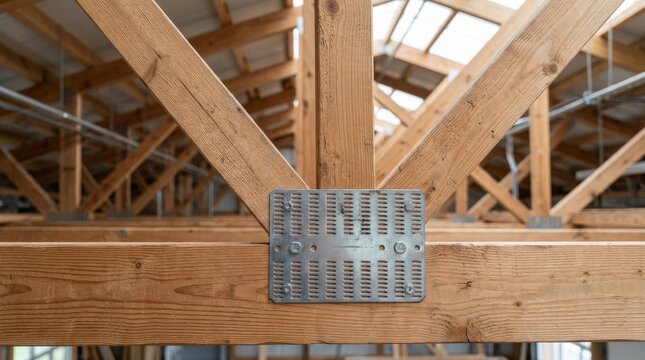Metal truss plate connecting wooden beams in attic construction.
