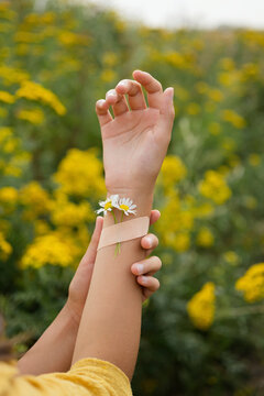 Girl with chamomiles taped on hand by bandage