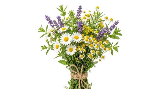 Colorful bouquet of wild herbs and flowers tied with twine on a white background.