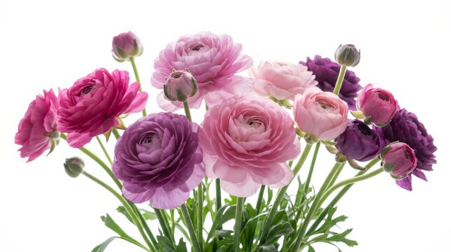Translucent pink and purple ranunculus flowers isolated on a white background.