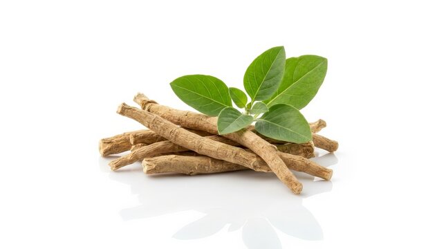 Ashwagandha roots and green leaves on a white background with reflection.