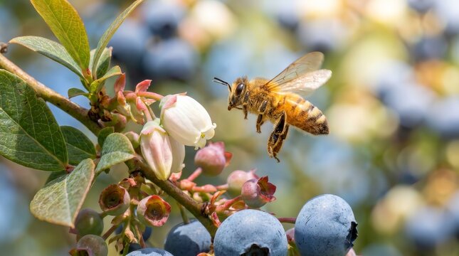A honey bee pollinating a white blueberry flower on a bush.