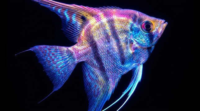 A neon angelfish with intricate patterns glows vividly against a pitch black background.