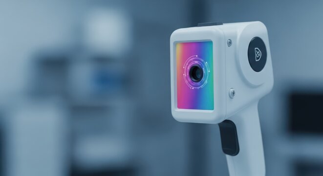 Close up of a handheld medical infrared sensor device with a colorful heat imaging display