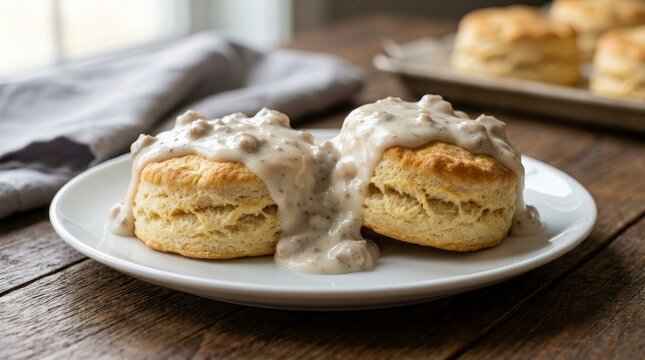 Southern style biscuits and gravy served on a white plate.