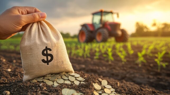 Close up hand placing money bag with dollar sign into soil in agricultural field at sunrise with tractor in background concept of investment growth farming finance and sustainable rural development