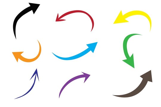 Colorful curved arrows set in circular motion isolated on white background