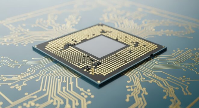 Close-up view of a modern computer processor chip with intricate gold pins on a blue circuit board background, representing advanced technology and digital innovation