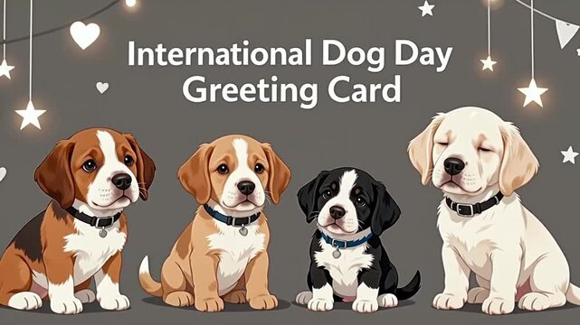 Four cartoon dogs with varying fur colors and expressions celebrate International Dog Day on a greeting card with decorative stars and hearts in the background
