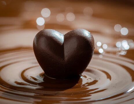Dark chocolate heart shape resting in molten liquid chocolate with chocolate confectionery delicious background romantic