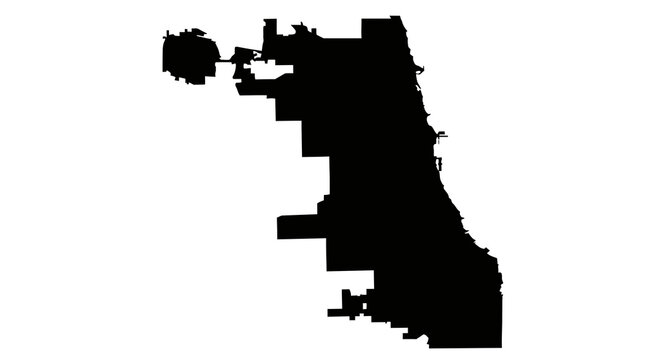 Minimalist black silhouette of Chicago city limits and municipal boundary isolated on a white background. Flat vector illustration of the Illinois city map outline with O'Hare.