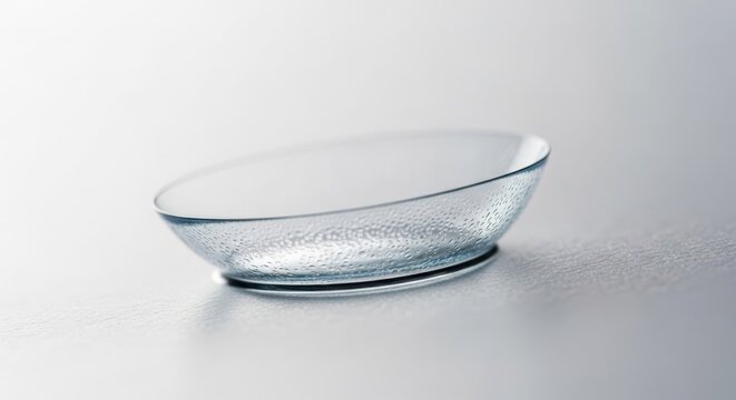 Macro view of a transparent soft contact lens isolated on a light background showcasing its delicate structure and optical properties.