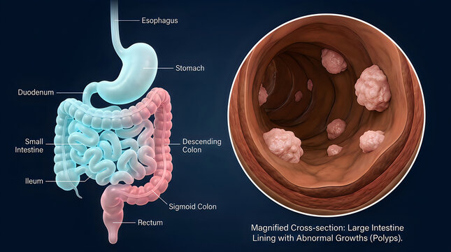 Human Gastrointestinal Tract Anatomy with Magnified Colon Polyps Cross Section Medical Illustration