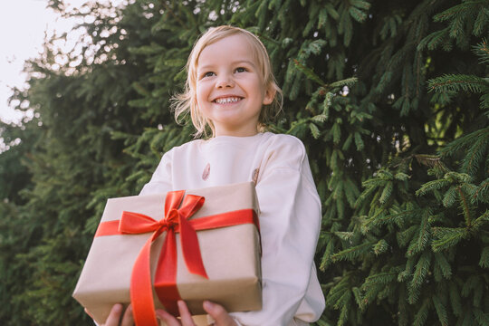 Happy girl holding gift box near fir tree