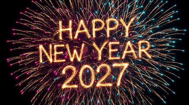 Happy New Year 2027 text written with golden sparklers against a vibrant colorful firework display at night