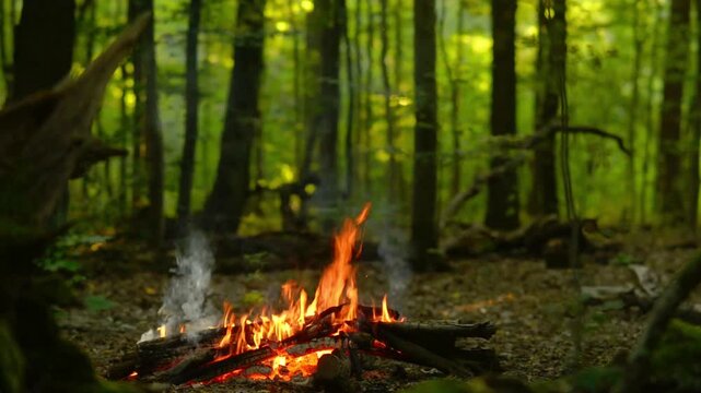 Natural campfire burning in deep green forest seamless loop with soothing audio sound. Ideal seamless background for ASMR channels, study with me, sleep and relaxation.