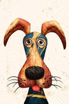 Digital collage illustration of a quirky dog with weathered texture
