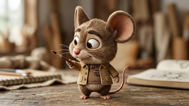 Cute Animated Mouse Character in Workshop Setting