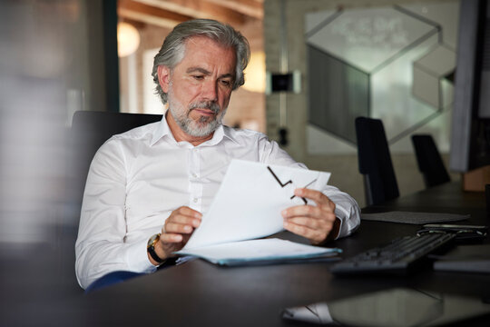 Mature male professional analyzing business strategy while reading documents in office