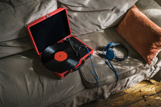 Vintage record player in couch