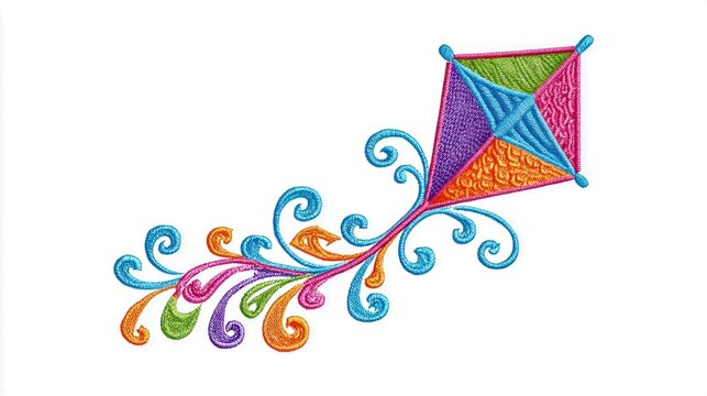 Playful kite embroidery design with decorative swirls
