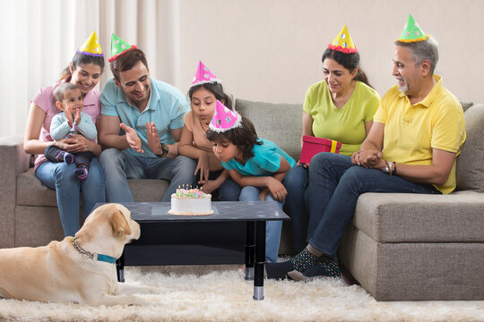 Multi-generation family with dog celebrating birthday party