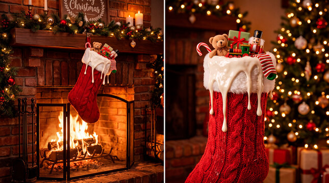 Christmas stocking with white fur cuff and melting topping hangs by the fireplace