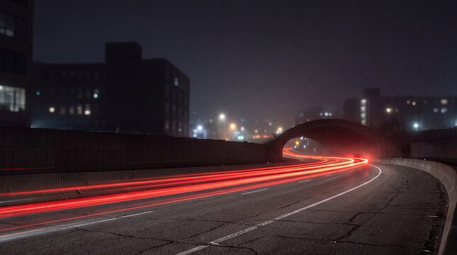 Moody long exposure photograph of red car light trails entering a dark urban tunnel or underpass at night.