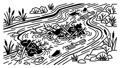 Fototapeta premium Beaver Dam Construction in Stream with Branches, Logs, and Cattails - Line Art