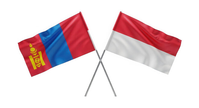 Crossed flags of Mongolia and Indonesia waving together isolated on transparent background