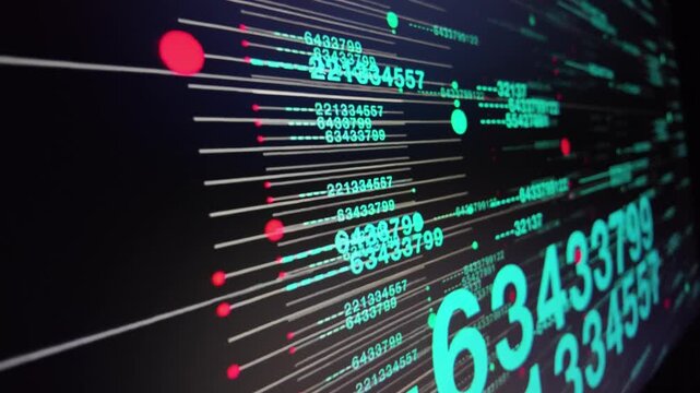 Digital data visualization showing blue numeric codes and connection patterns