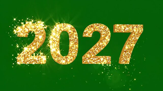 Sparkling golden glitter numbers 2027 on dark green background with light effects