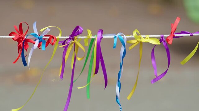Colorful ribbon bows tied along festive white rope
