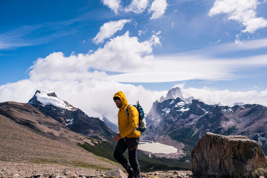 Hiker trekking near Mount Fitz Roy in Patagonia