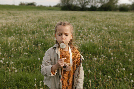 Girl blows a dandelion flower in a green meadow