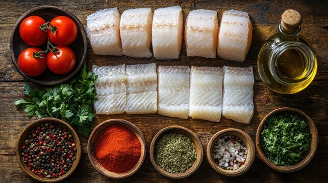 Raw white fish fillets arranged with fresh tomatoes, oil, and colorful spices