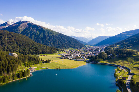 Switzerland, Canton of Grisons, Davos, Aerial view of Lake Davos in summer